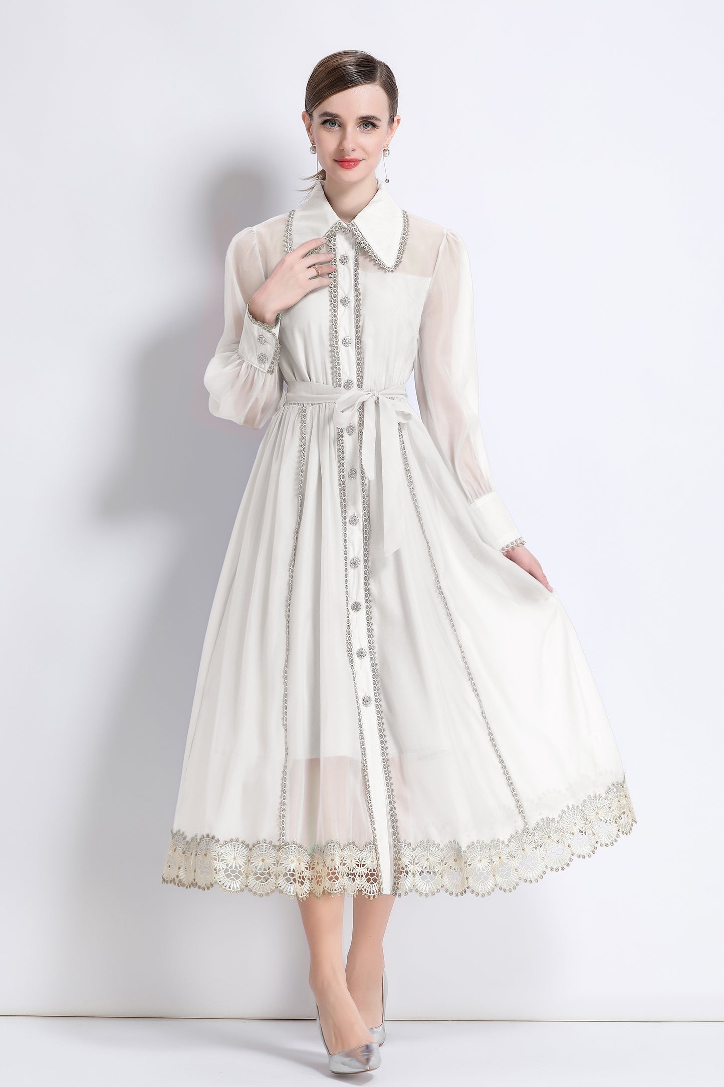 Women's Organza Lapel Neck Lace Midi Dress