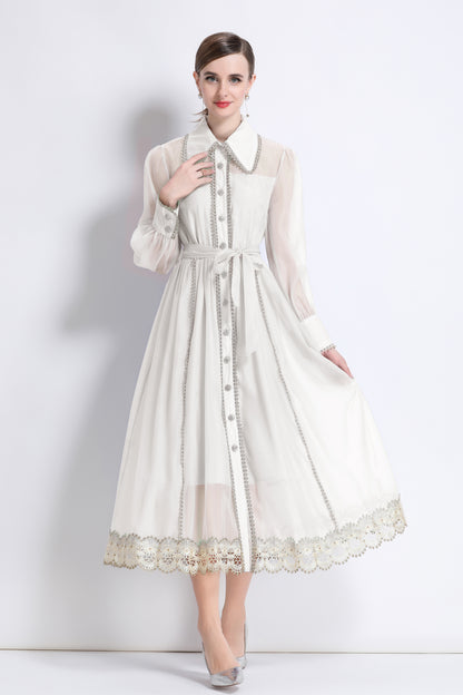 Women's Organza Lapel Neck Lace Midi Dress