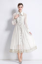 Women's Organza Lapel Neck Lace Midi Dress
