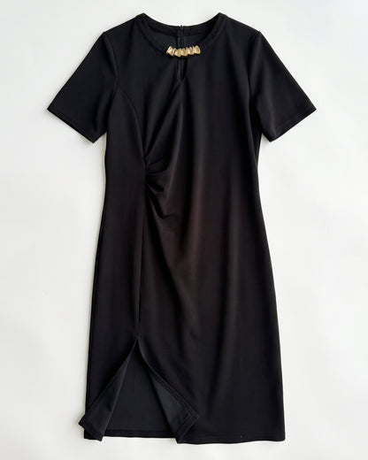 Black Ruched Side Slit Midi Dress with Gold Detail