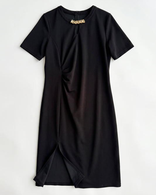 Black Ruched Side Slit Midi Dress with Gold Detail