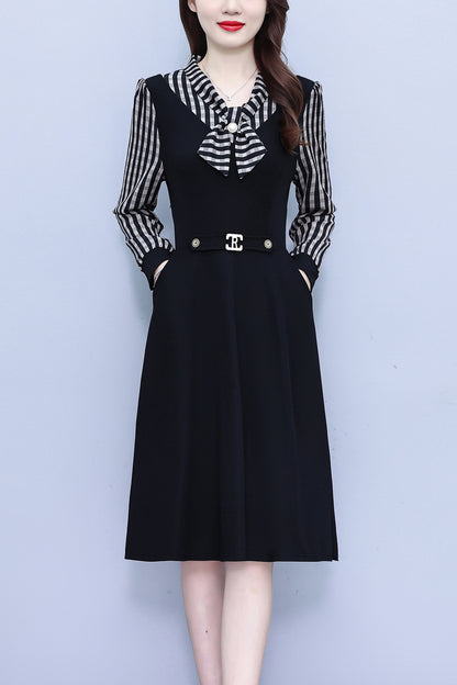 Women's Elegant Tie Neck Long Sleeve Black Dress