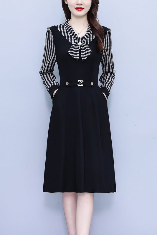 Women's Elegant Tie Neck Long Sleeve Black Dress