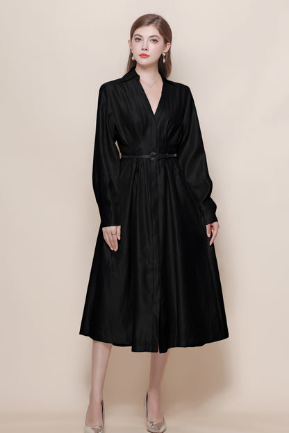 Women's V-Neck Silk Satin Puff Sleeve Button Midi Dress