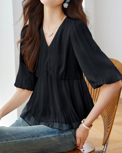 Lightweight Pleated V-Neck Blouse