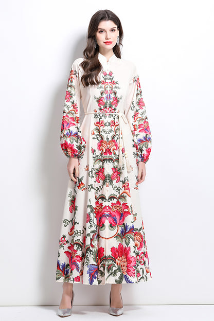 Women's Floral Print Puff Sleeve Split Party Maxi Dress