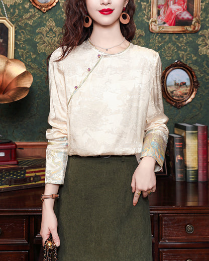 Vintage New Chinese Round Neck Satin Blouse with Bias Button & Print Cuffs