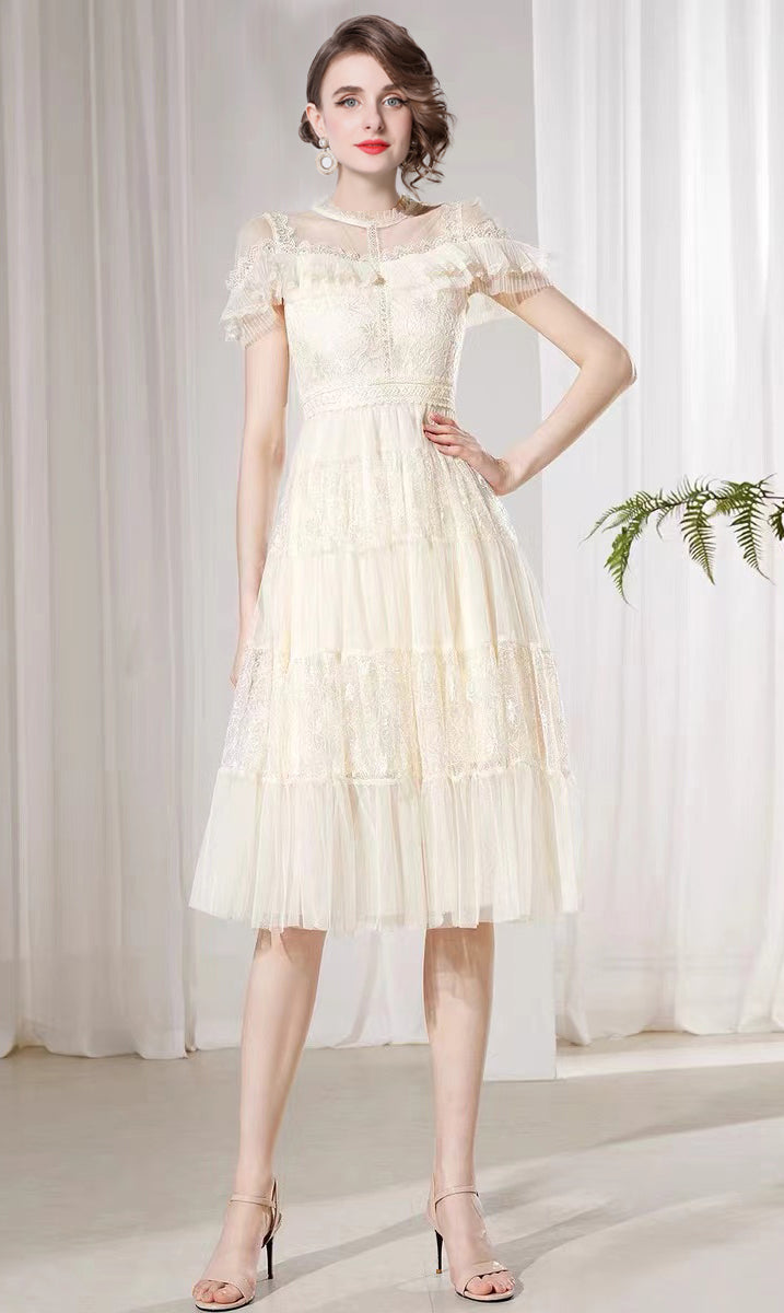 Sequin Lace Ruffle Midi Dress – Ivory