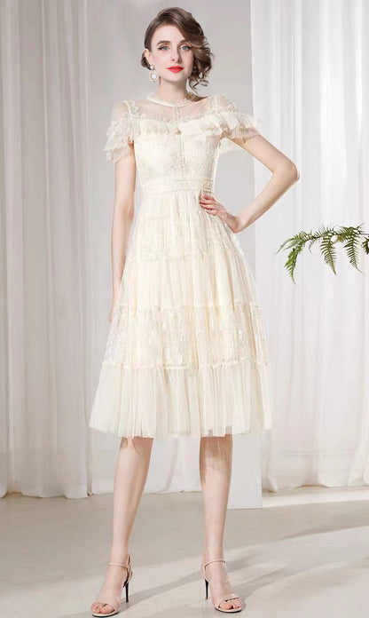 Sequin Lace Ruffle Midi Dress – Ivory