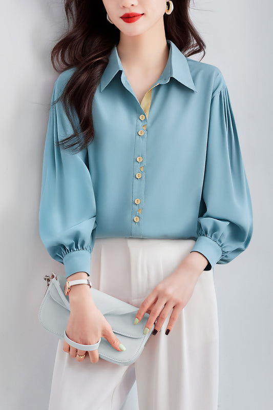 Women's Lapel Collar Long Sleeve Casual Button Blouse - LAI MENG FIVE CATS