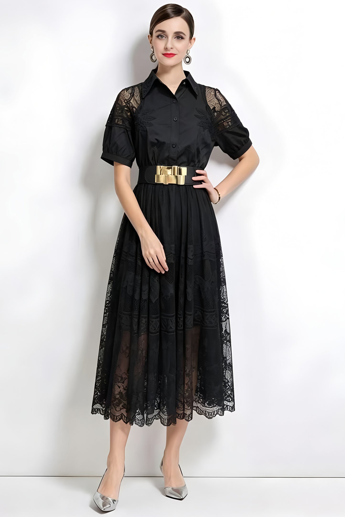 Romantic Black Short Sleeve Lace Mesh Midi Dress with Belt