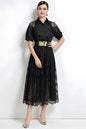 Romantic Black Short Sleeve Lace Mesh Midi Dress with Belt