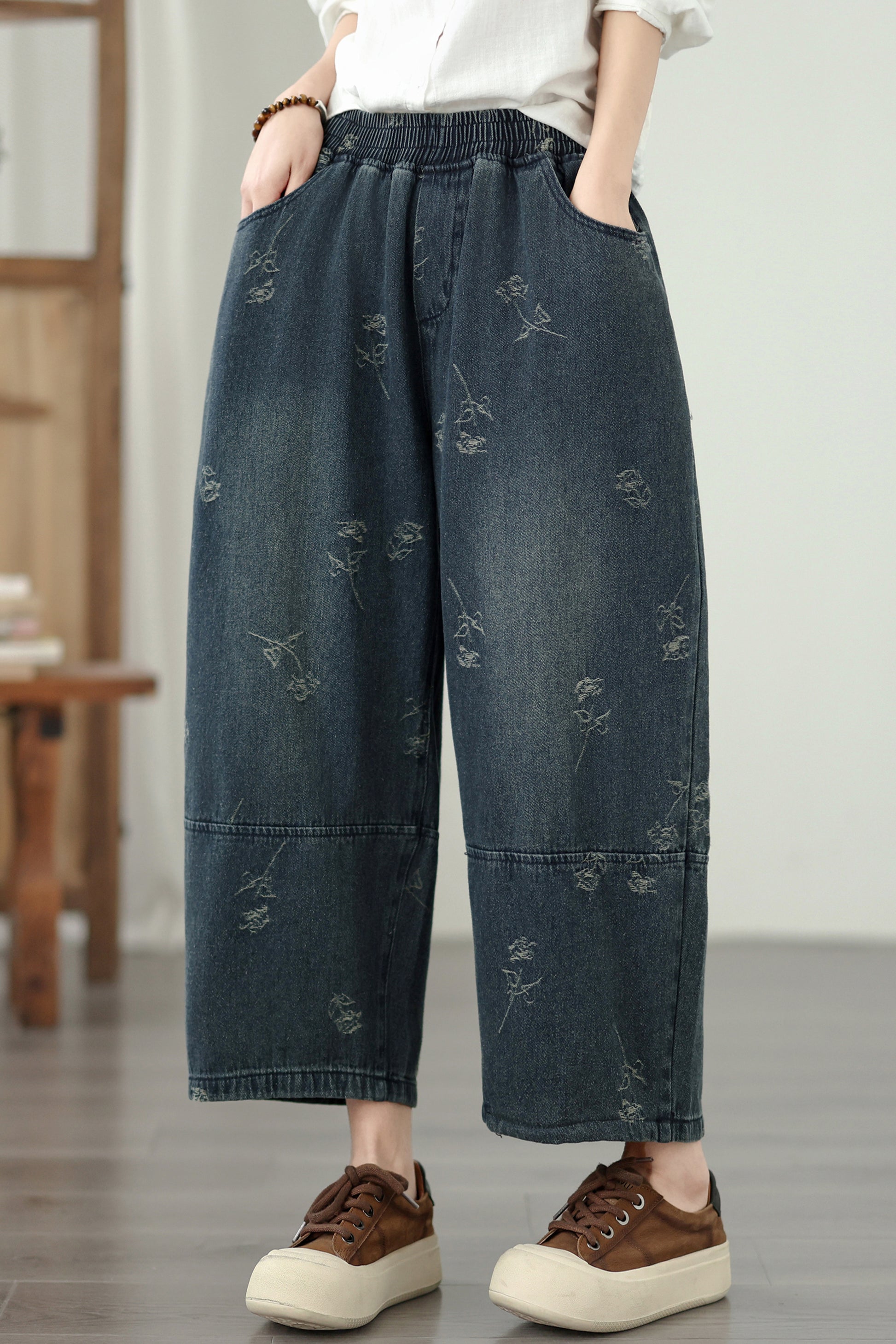 26-Women's Harem Baggy Jeans Drawstring Barrel Denim - LAI MENG FIVE CATS