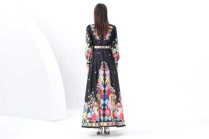 Women's Notch Lapels Puff Sleeve Print Maxi Dress