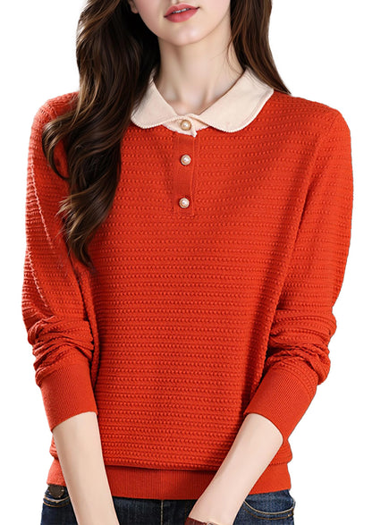 Long-Sleeve Knit Top — Polo Sweater Contrast Collar & Pearl Buttons