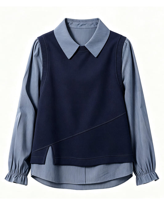 Women's Layered Knit Top | Lightweight Early Fall Collared Sweater Blouse