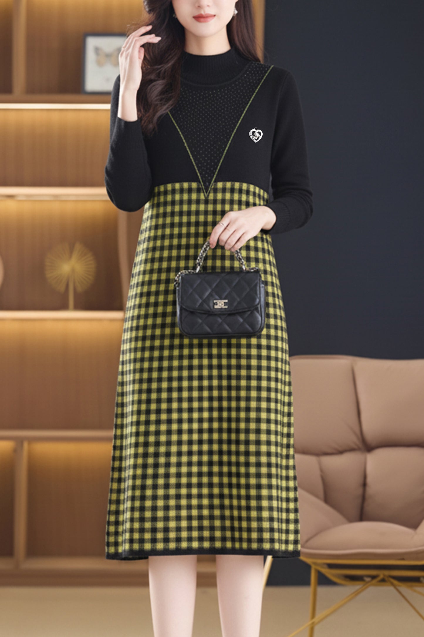 Women's Plaid Mock Neck Knit Sweater Dress