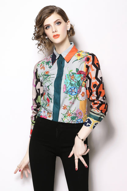 ESY-Women's Shirt Print Long Sleeve Button Blouse