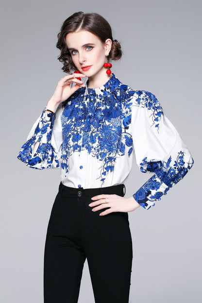 ESY-Women's Button Floral Print Shirt Loose Blouses Tops