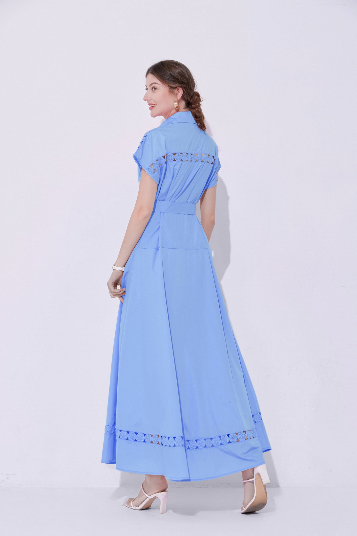 Women's Collar Hollow Cap Sleeve  Maxi Dress