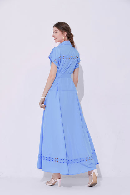 Women's Collar Hollow Cap Sleeve  Maxi Dress