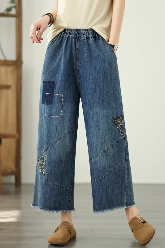 Women's Wide Leg Denim Pants Fringe Jeans