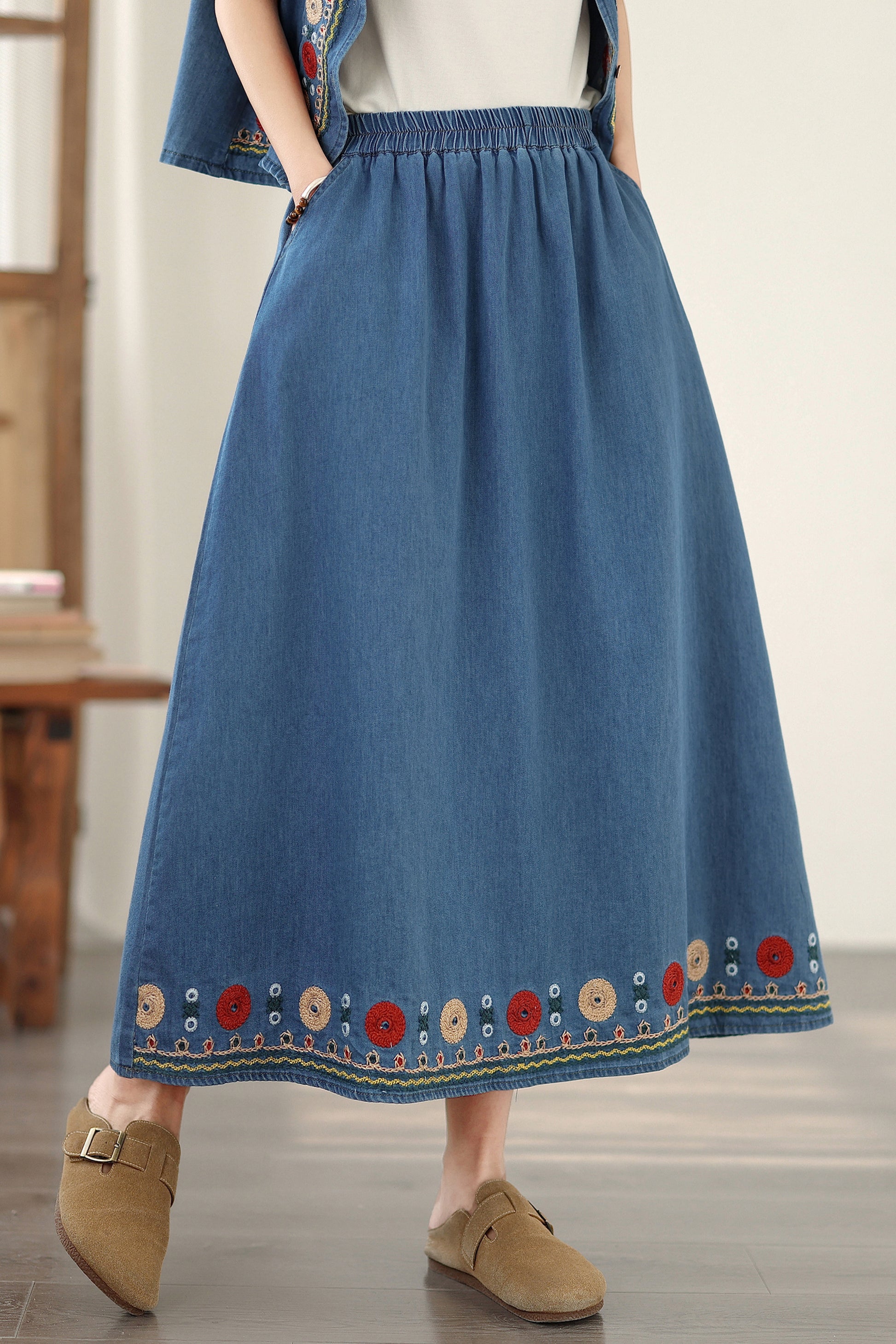 Women's Embroidered Elastic Waist Denim Jean Maxi Skirt Pocket - LAI MENG FIVE CATS