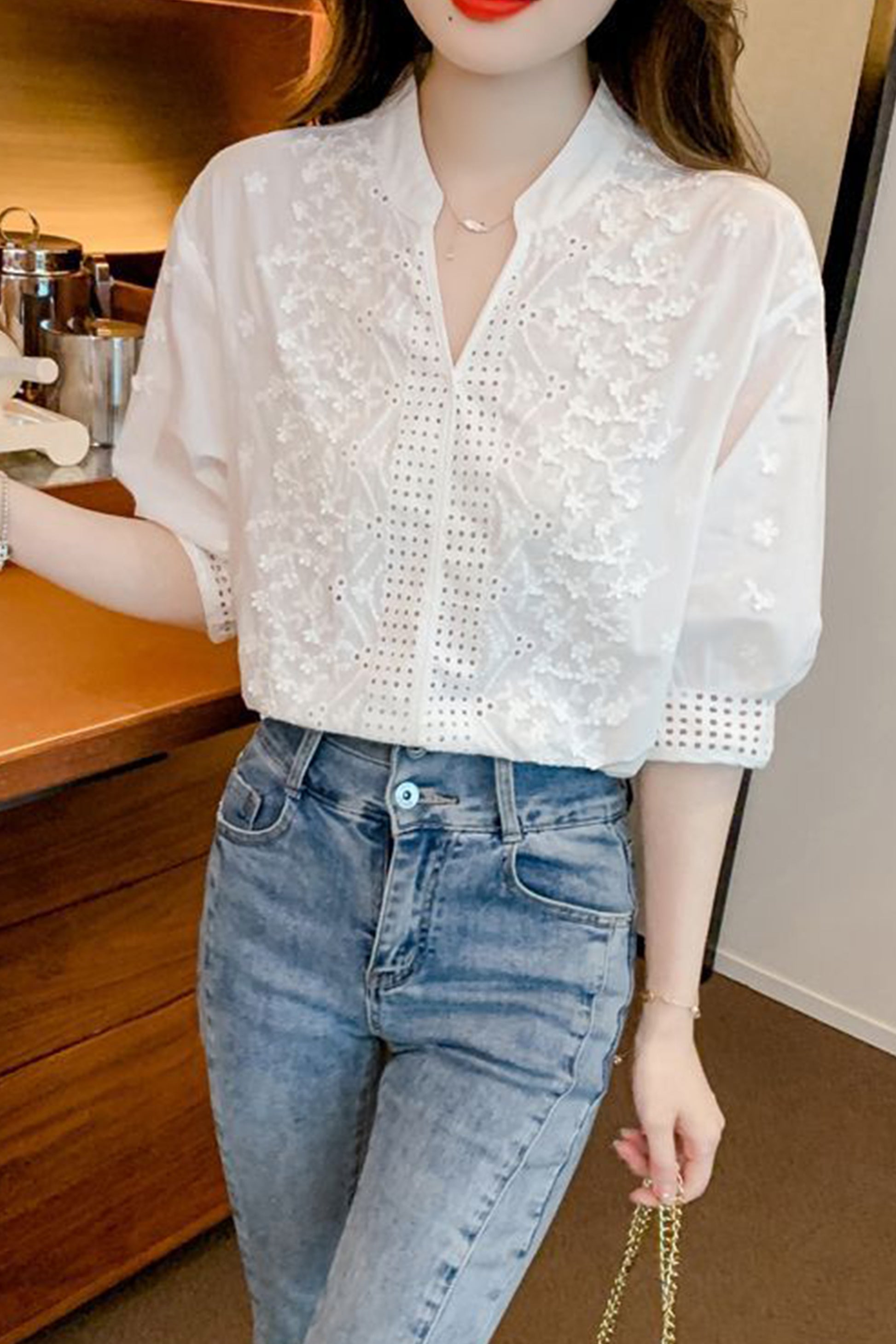 Women's V Neck Lace Tops 1/2 Sleeve Blouse - LAI MENG FIVE CATS