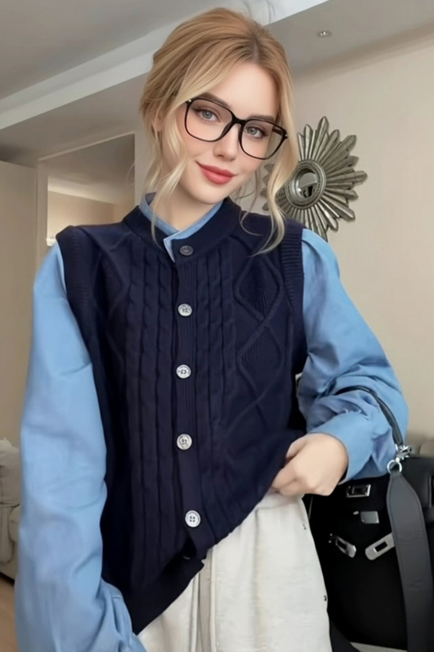 Women's Sweater 2 in 1 Denim Color Block Cable Knit top