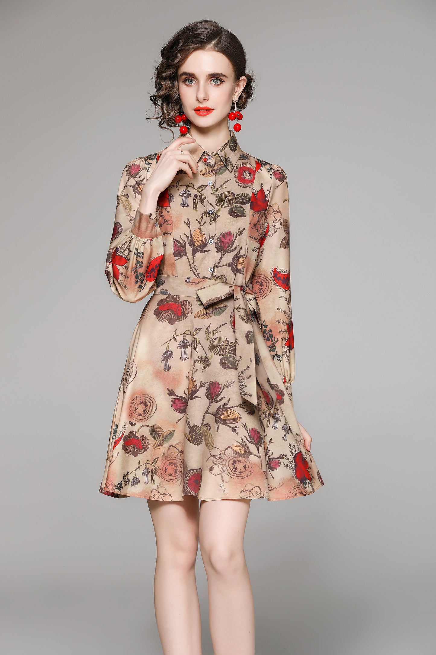 SSY-Women's Floral Print Tie Collar Puff Sleeve Button Mini Dress