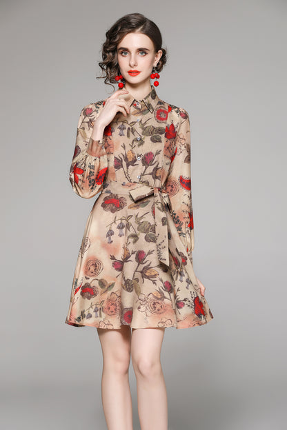 SSY-Women's Floral Print Tie Collar Puff Sleeve Button Mini Dress