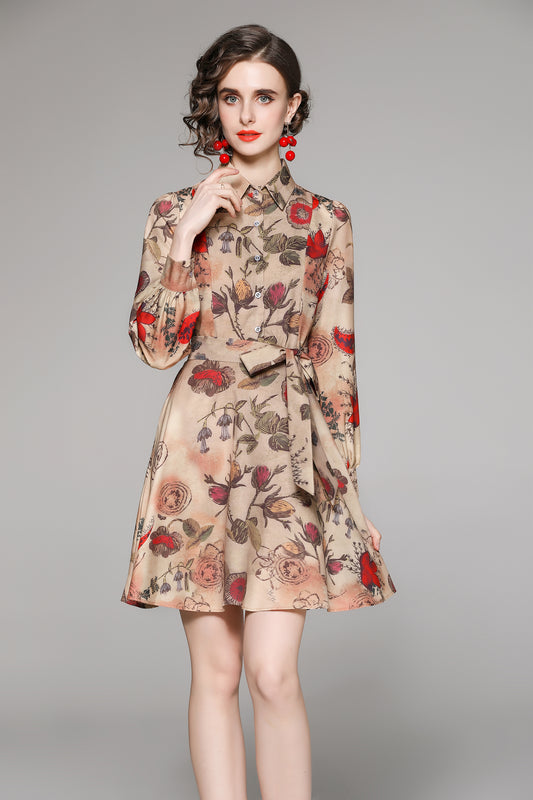 SSY-Women's Floral Print Tie Collar Puff Sleeve Button Mini Dress