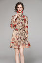 SSY-Women's Floral Print Tie Collar Puff Sleeve Button Mini Dress
