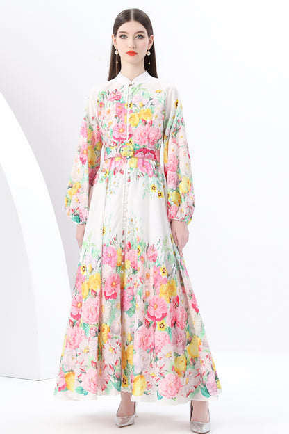 Women's Floral Print Puff Sleeve Button Up Split Maxi Dress