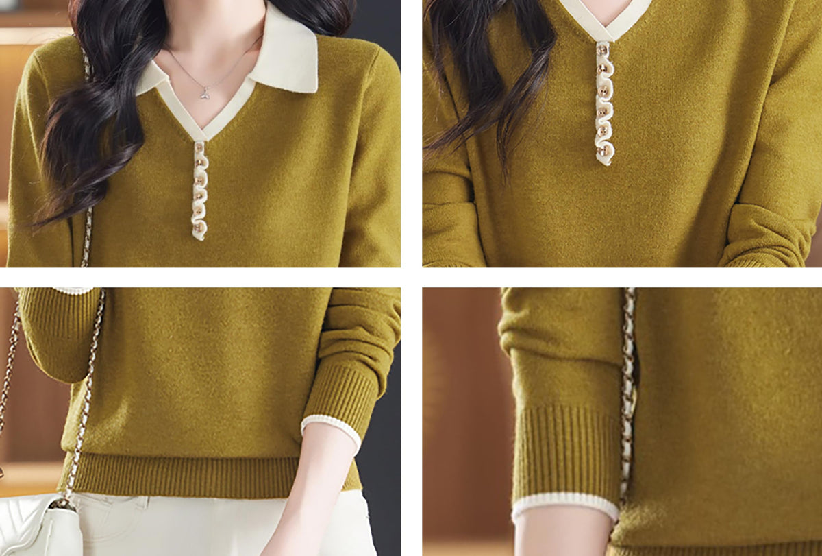 Women's Contrast-Collar Knit Top — Faux Button Placket