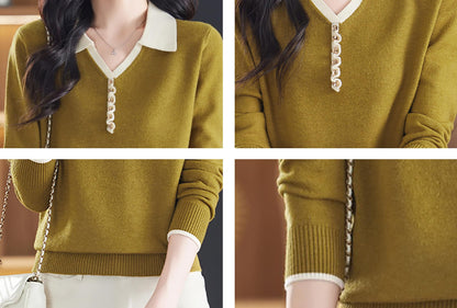 Women's Contrast-Collar Knit Top — Faux Button Placket