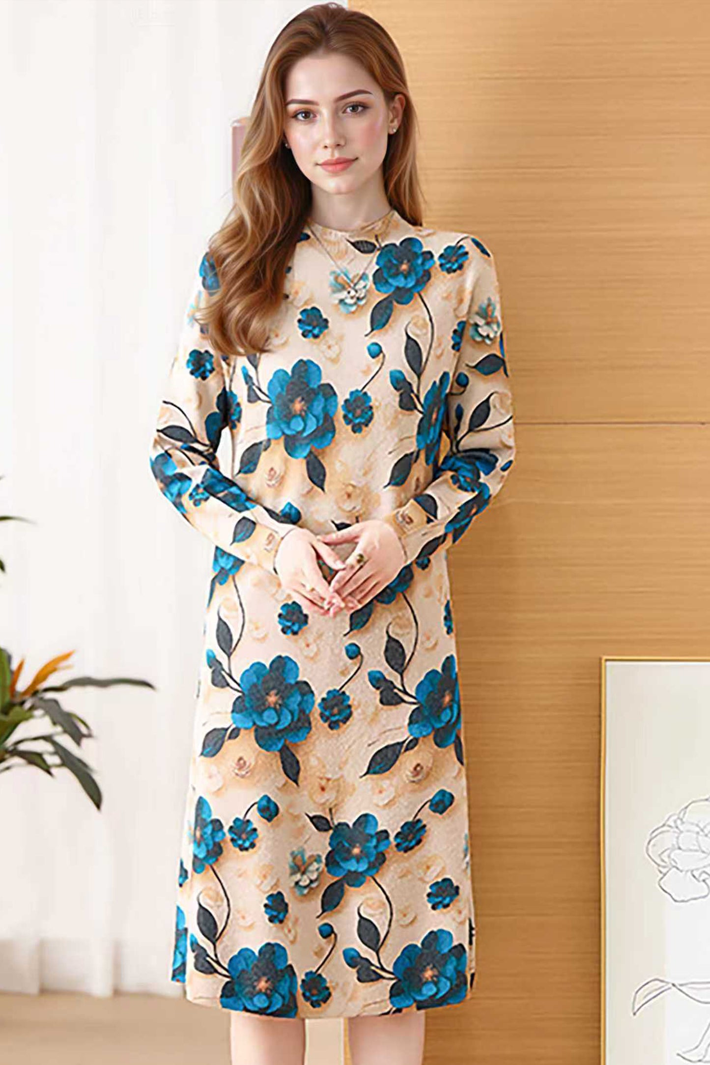 Women's Fall Long Sleeve Knitted Sweater Midi Dress