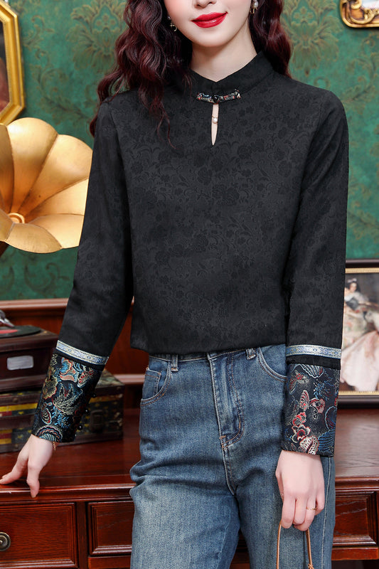 Women's Silk Satin Mandarin Collar Long Sleeve Blouse Top - LAI MENG FIVE CATS