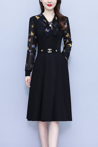 Women's Elegant Tie Neck Long Sleeve Black Dress