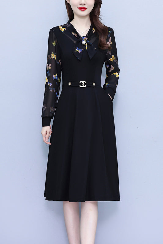 Women's Elegant Tie Neck Long Sleeve Black Dress