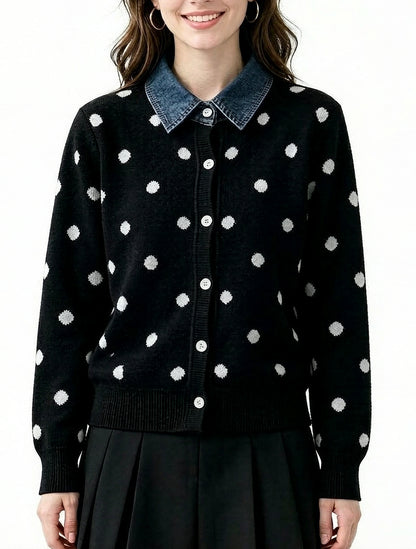 Polka Dot Knit Cardigan with Denim Collar