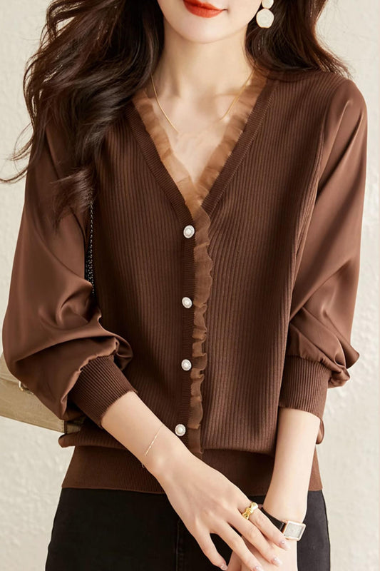 Knit Patchwork Button Casual Blouse Tops