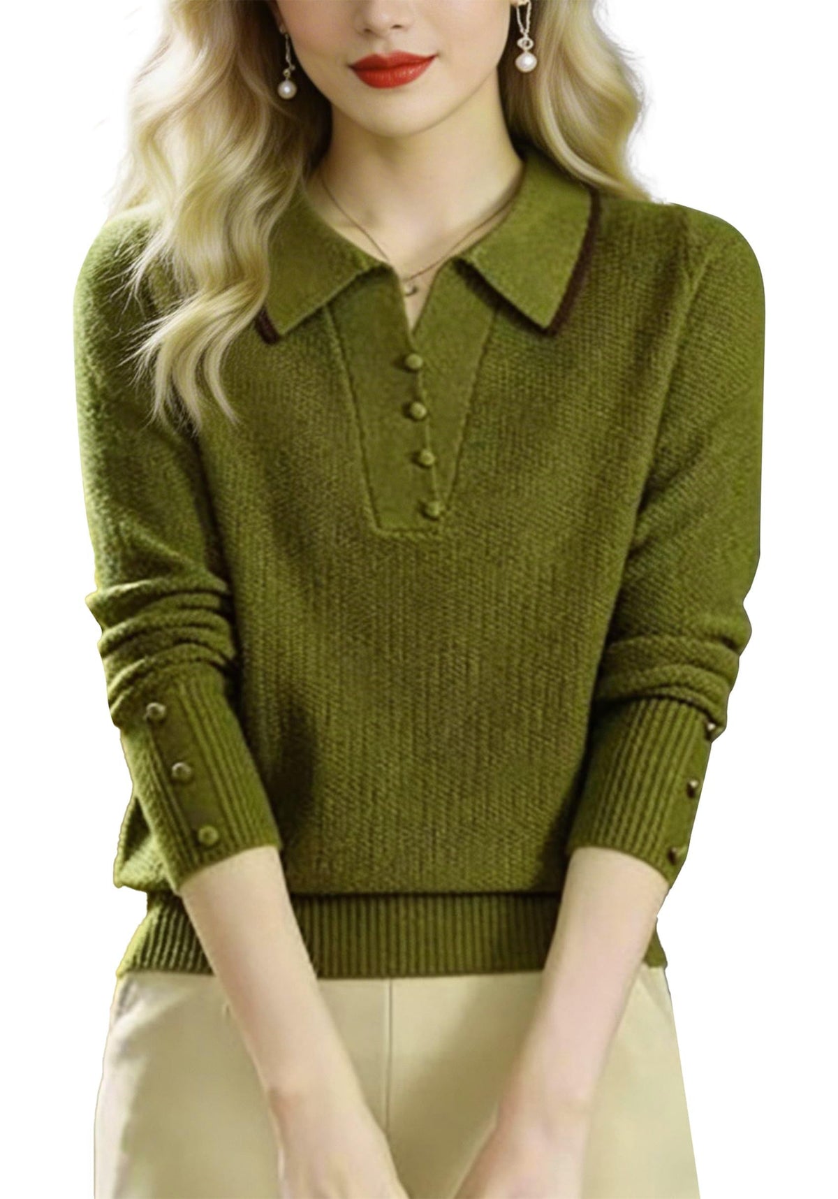 Fine-Knit Polo Top with Contrast Collar & Layered Look Sweater