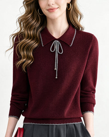 Contrast Trim Bow Collar Knit Top Long Sleeve Soft Sweater
