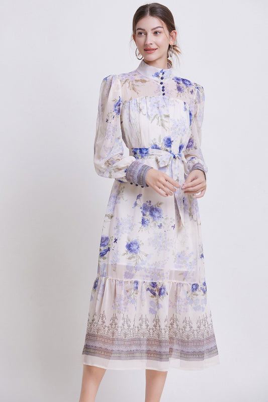 Women's Chiifon Floral Print Lantern Sleeve Midi Dress