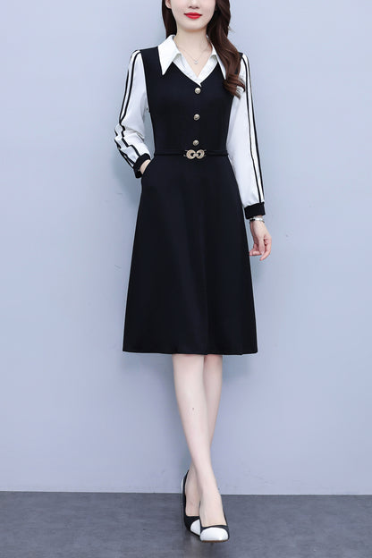 Women's V-Neck with Pockets Long Sleeve Black Dress