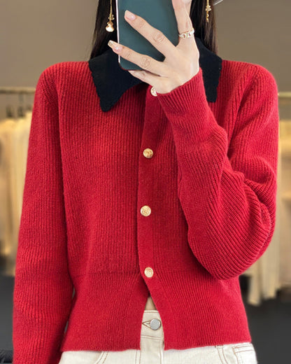 Chic Contrast Collar Knit Cardigan – Vintage Button Ribbed Sweater Top