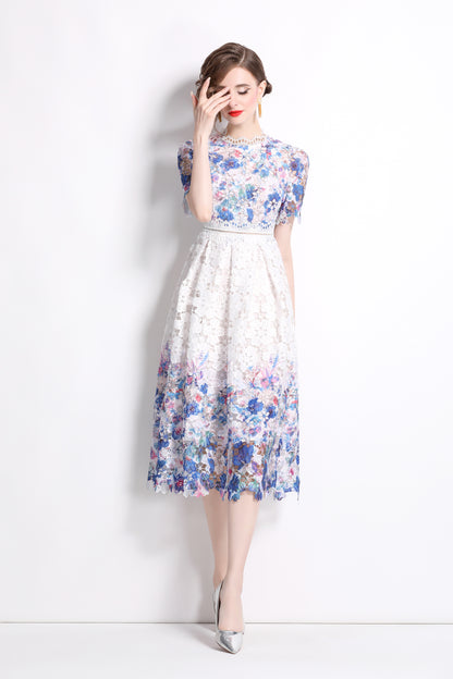 Women's Lace Floral Crochet Waist Midi Dress