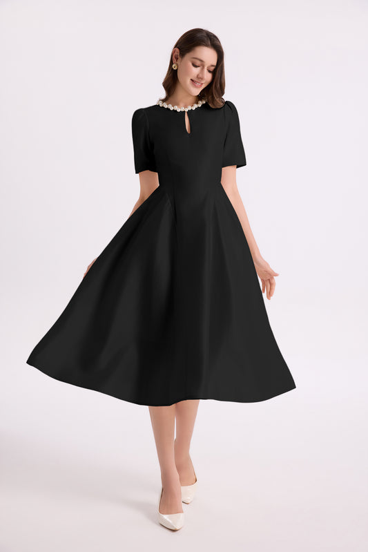 Elegant Pearl-Trim A-Line Midi Dress - LAI MENG FIVE CATS