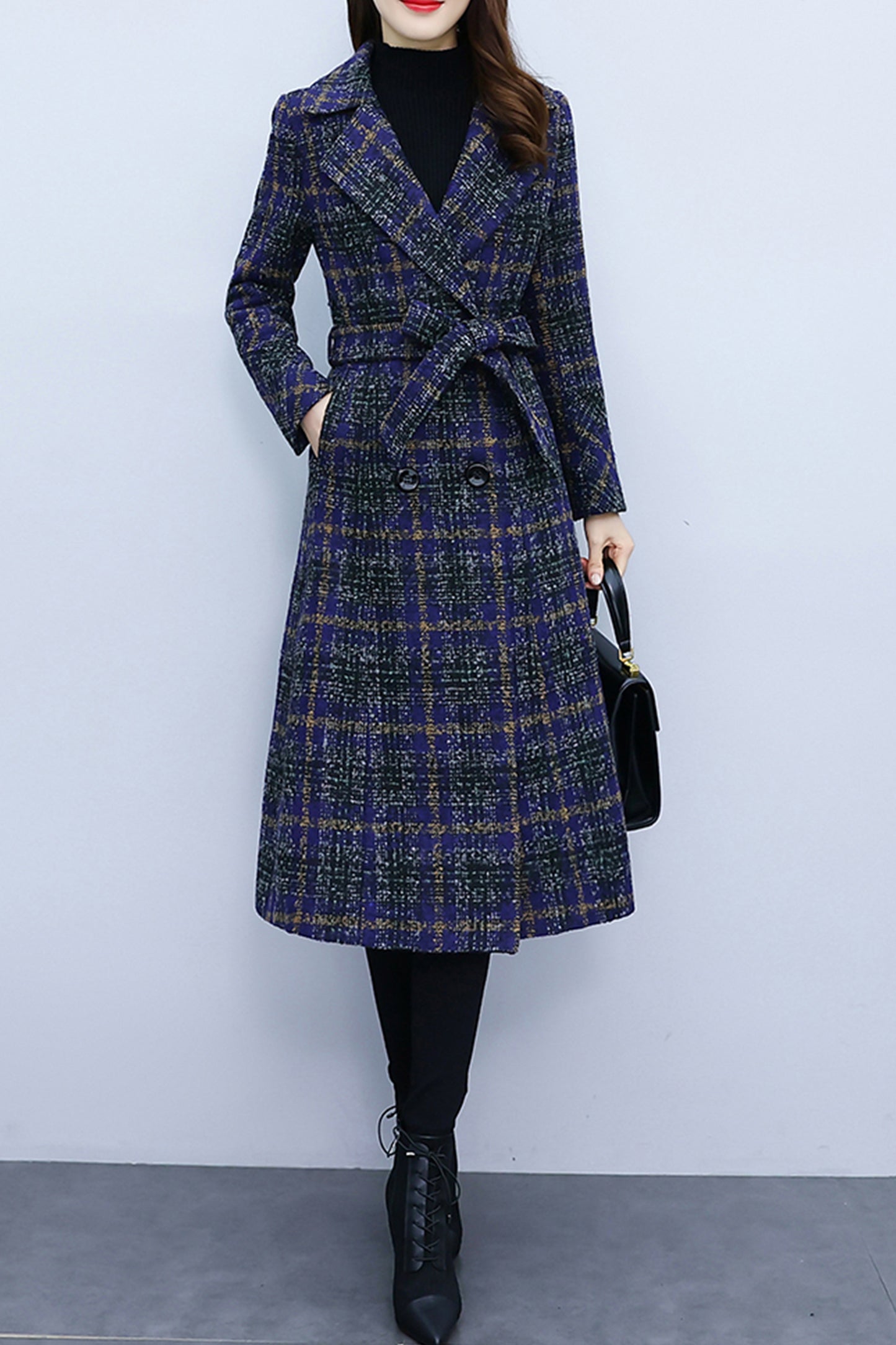 women's plaid woolen long coat